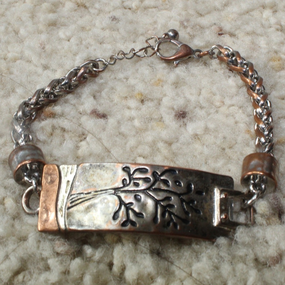 Mixed Metal Bracelet Tree Branch Etched ID Plate Boho 7-8" Silver Copper Tone